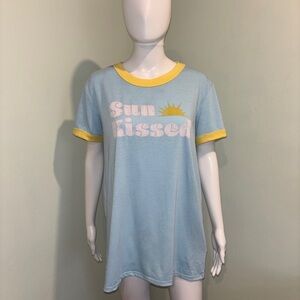 LulaRoe Liv Blue and Yellow Sun Kissed Short Sleeve T-Shirt - M